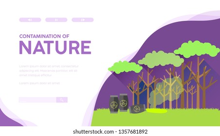 Nature contamination vector landing page template. Zero waste web banner design. Forest destruction, air, environment pollution problem. Toxic, radioactive waste barrels flat illustration