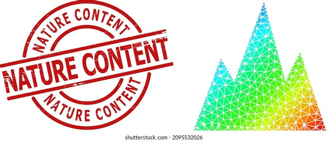 NATURE CONTENT unclean stamp print, and low-poly rainbow colored mountains icon with gradient. Red stamp contains NATURE CONTENT title inside round and lines shape.