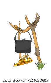 Nature Cooking pot over outdoor fire while camping illustration. Outdoor kitchen