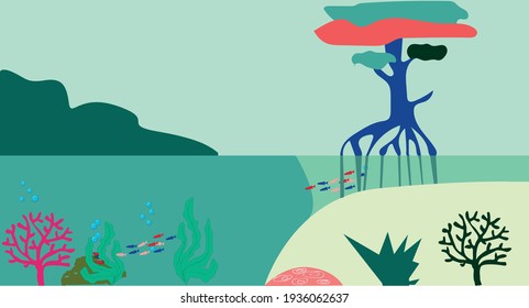 nature, corals and fish. vector illustration, trees and roots