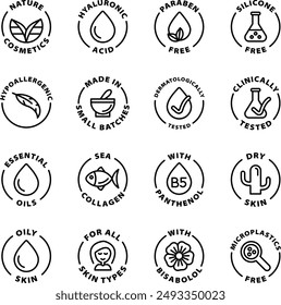 nature cosmetics icon set stamps black outline icon round rounded circle badge stamp label isolated on transparent background