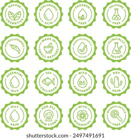 nature cosmetics icon set stamps outline icon round rounded circle badge stamp label isolated on transparent background, green stamp set, icon set