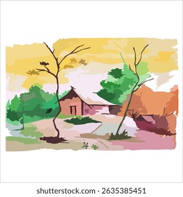 nature and cottage scene watercolor. Good for cover book or postcard