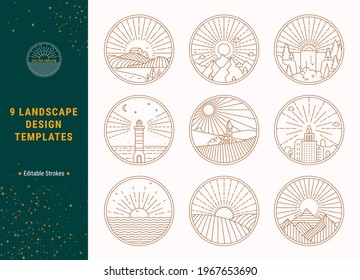 Nature, countryside, urban landscape vector illustrations. Travel concept design templates. Outdoor recreation, travelling places thin line vector emblem for t-shirt design, web services, mobile app.