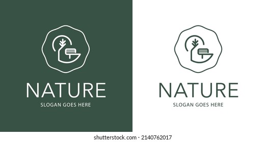 Nature creative icon zen concept. Bench with tree. Forest bathing. Mental wellness. Relaxation. Corporate identity logotype, company graphic design
