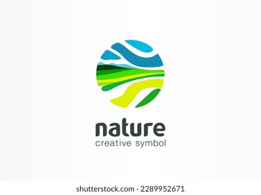 Nature creative symbol. Field bio plantation, eco green farm concept. Earth, health care abstract business logo. Fresh organic food, agriculture circle icon. Company logotype, brand, graphic design