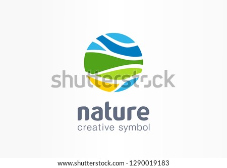 Nature creative symbol planet concept. Organic farm field abstract business agriculture logo. Eco friendly environment, fresh water, bio food icon. Corporate identity logotype, company graphic design