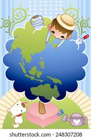 Nature and Cute Boy with globe tree on blue background : vector illustration