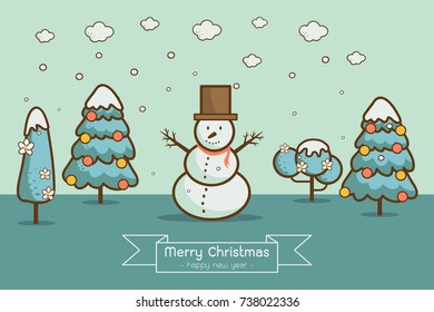 Nature, cute cartoon style winter landscape with Christmas trees, snowman, snow drifts. merry christmas & happy new year card  background vector illustration