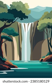 Nature. Cute illustration of landscape, waterfall, mountains, trees. Clear water stream. Greenery and lake. Rainforest wild nature. Beautiful waterfall scenery in forest landscape vector illustration.