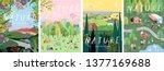 Nature. Cute vector illustration of landscape natural background, village, people on vacation in the park at a picnic, forest and trees. Drawings from the hand of summer and spring
