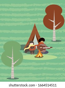 Nature. Cute vector illustration of landscape natural background, people on vacation in the park at a picnic, forest and trees. Drawings from the hand of summer and spring