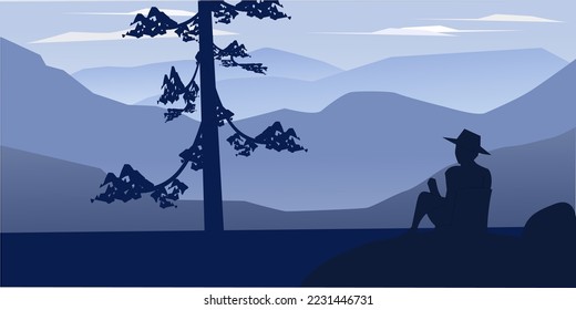 Nature. Cute vector illustration of landscape natural background, people on vacation in the park at a picnic, forest and trees. Drawings from the hand of summer and spring,vector