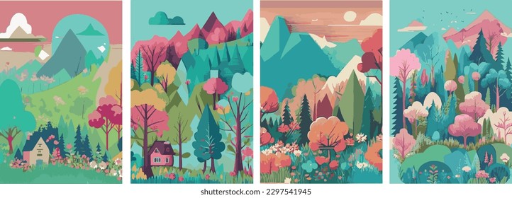 Naturaleza. Cuta ilustración vectorial del paisaje de fondo natural, pueblo, gente de vacaciones en el parque en un picnic, bosque y árboles. Dibujos de la mano del verano y la primavera