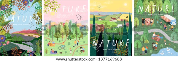 Nature.\
Cute vector illustration of landscape natural background, village,\
people on vacation in the park at a picnic, forest and trees.\
Drawings from the hand of summer and\
spring\
