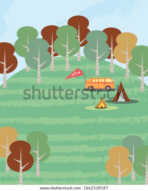 Nature. Cute\
vector illustration of landscape natural background, village,\
people on vacation in the park at a picnic, forest and trees.\
Drawings from the hand of summer and\
spring