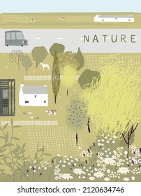 Nature. Cute vector illustration in light green tones with summer landscape, road, trees, animals, flowers for print, postcard, banner, poster