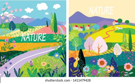 Nature. Cute vector illustration of summer landscape. Natural background, village, forest, cow, mountains and trees.