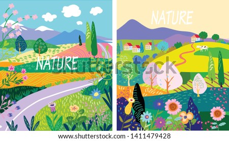 Nature. Cute vector illustration of summer landscape. Natural background, village, forest, cow, mountains and trees.