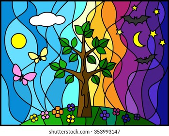 Nature. Day and Night. Stained glass style. Stained glass window 