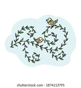 Elementos decorativos de la naturaleza y lindos pájaros de dibujos animados. Ilustración del vector