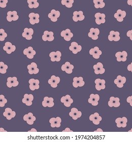 Nature decorative seamless pattern with scandi lilac random flowers shapes. Purple background. Great for fabric design, textile print, wrapping, cover. Vector illustration.