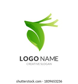 nature deer logo, deer and leaf, combination logo with 3d green color style