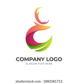 nature deer logo, deer and leaf, combination logo with 3d colorful style