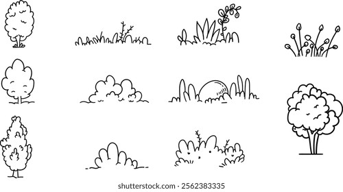 Nature Design for Card and Prints,Foliage line art,Small Tree,Shrubs Design Element Collection Set, Nature Background Design. 