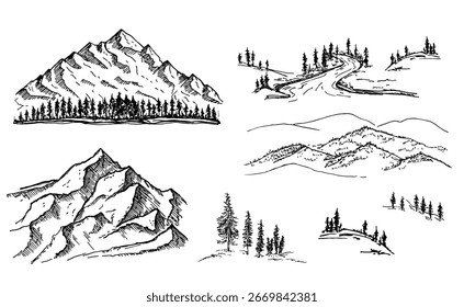 Elementos de design de natureza. Montanhas, árvores e conjunto de esboços florestais. Elementos paisagísticos de montanha. Ilustrações vetoriais desenhadas à mão.