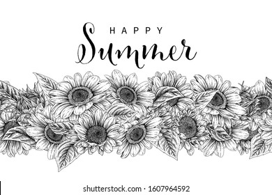 Nature design elements .Seamless Black and white sunflower botanical illustration. Vintage floral clip art hand drawn group. Flowers drawing and sketch with line-art Isolated on white background.