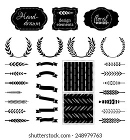 Nature design elements. Set of wreaths, branches, ribbons, page dividers and seamless patterns. Black silhouettes isolated on white background. 