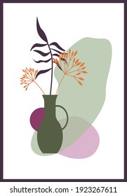 Nature design poster for use in interior decor, cards, invitations. Vector illustration with leaves, vase and abstract spots. Shades of nature. 