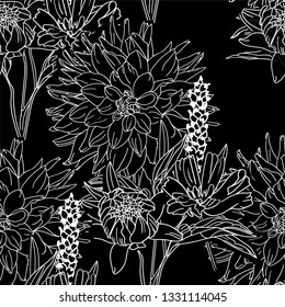 Nature designed seamless black and white pattern for background, wrapping paper, fabric. Modern botanical endless repeatable motif for surface design. Vector illustration. 