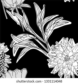 Nature designed seamless black and white pattern for background, wrapping paper, fabric. Modern botanical endless repeatable motif for surface design. Vector illustration. 
