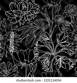 Nature designed seamless black and white pattern for background, wrapping paper, fabric. Modern botanical endless repeatable motif for surface design. Vector illustration. 