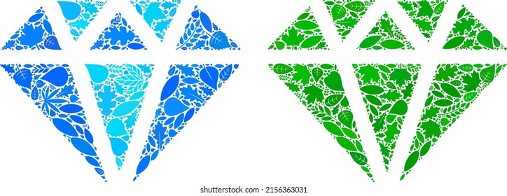 Nature Diamond Icon Collage Of Herbal Leaves In Green And Natural Color Hues. Ecological Environment Vector Template For Diamond Icon. Diamond Vector Image Is Constructed From Green Herbal Elements.