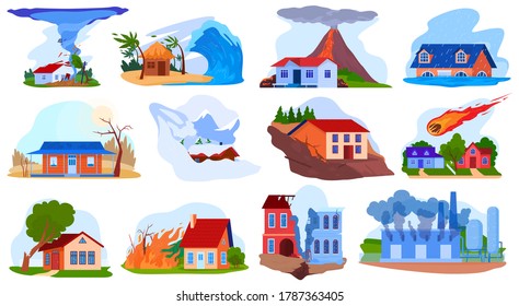 Nature Disaster Accident Vector Illustration Set. Cartoon Flat Natural Storm Hurricane Tornado Tsunami Volcano Fire Destroy House Buildings, Environment Disaster Catastrophe Isolated On White