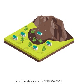 Nature Disaster Concept 3d Isometric View Include of Landslide. Vector illustration