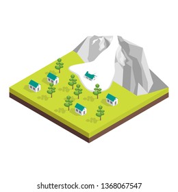 Nature Disaster Concept 3d Isometric View Include of Avalanche Snow. Vector illustration