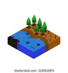 Nature Disaster Concept 3d Isometric View Include of Oil Spill. Vector illustration of water pollution. World ocaens day.