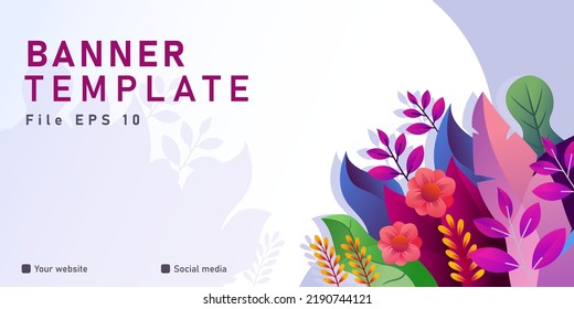 nature display banner background illustration vector template, colorful flowers and leaves plants, plenty of free space for content and writing