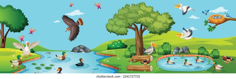 naturaleza con aves diversas volando cerca de la ilustración vectorial del pool para gráficos de pared 