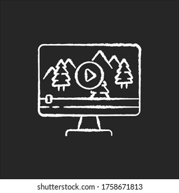 Nature documentary chalk white icon on black background. Travel blog video watching. Ecology and tourism non-fictional movie. Wildlife videography. Isolated vector chalkboard illustration