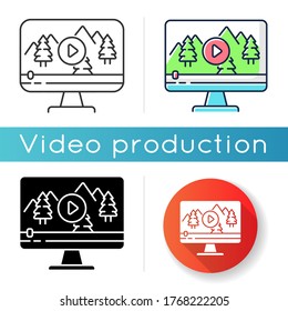 Nature documentary icon. Travel blog video watching. Ecology and tourism non-fictional movie. Wildlife videography. Linear black and RGB color styles. Isolated vector illustrations