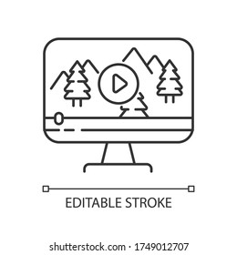 Nature documentary pixel perfect linear icon. Travel blog video watching. Wildlife videography. Thin line customizable illustration. Contour symbol. Vector isolated outline drawing. Editable stroke