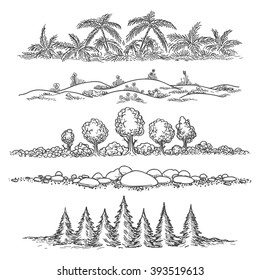 Nature Doodle Hand Drawn Landscapes With Trees And Stones, Hills And Palm Jungle. Vector Illustration