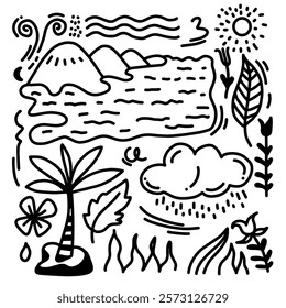 Nature doodle hand drawn set, nature elements set, Beach, sea, flowers, clouds, leaves and water.