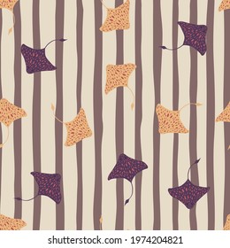 Nature doodle seamless pattern with random purple and orange stingray shapes print. Striped background. Designed for fabric design, textile print, wrapping, cover. Vector illustration.