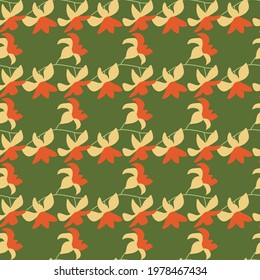 Nature doodle seamless pattern with tropical hawaii flowers ornament. Orange print. Green background. Designed for fabric design, textile print, wrapping, cover. Vector illustration.